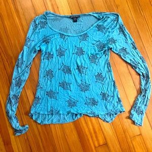 Small Soft Thin Teal Long Sleeve American Dream Owl Top